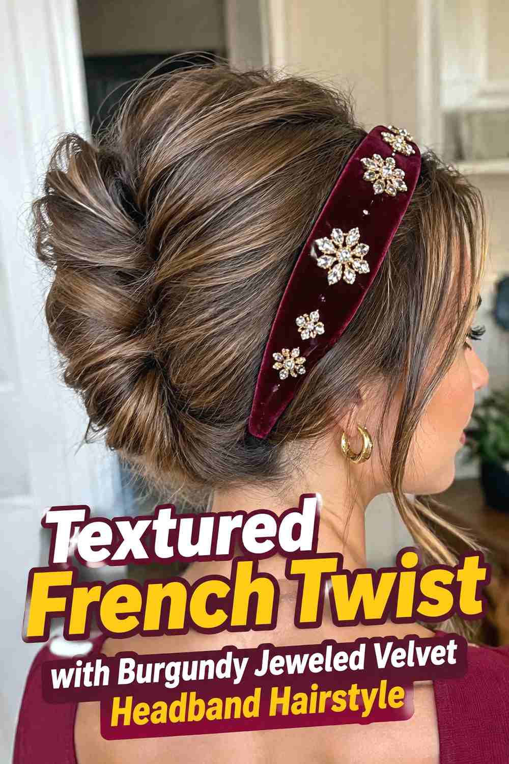 3. Textured French Twist With Burgundy Jeweled Velvet Headband Hairstyle