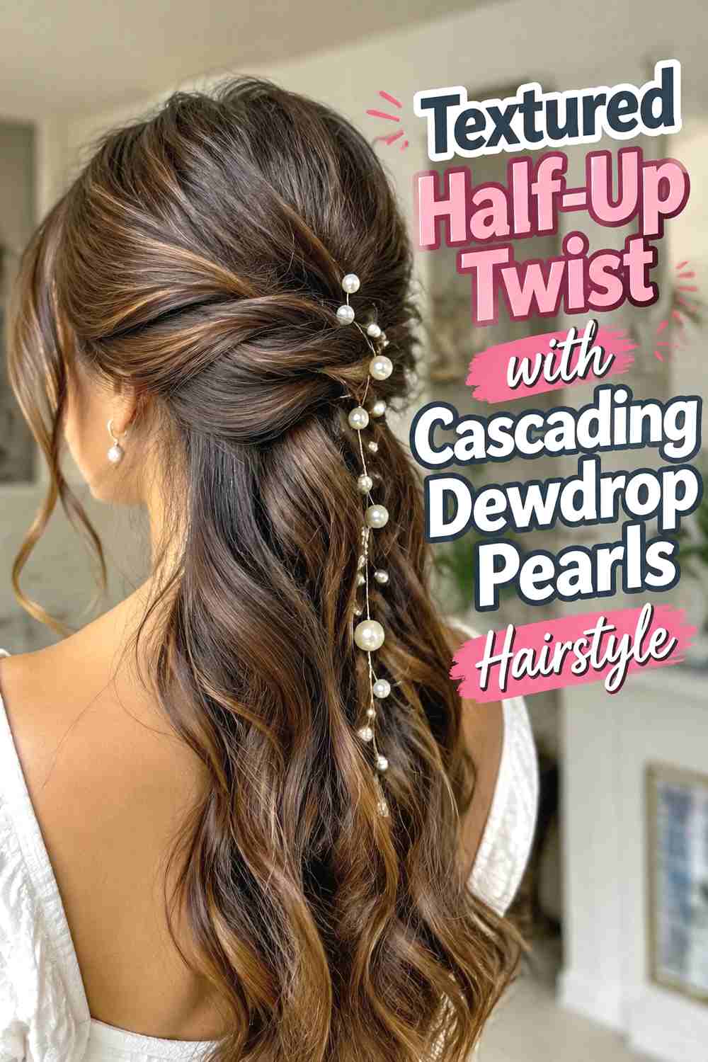 8. Textured Half Up Twist With Cascading Dewdrop Pearls Hairstyle