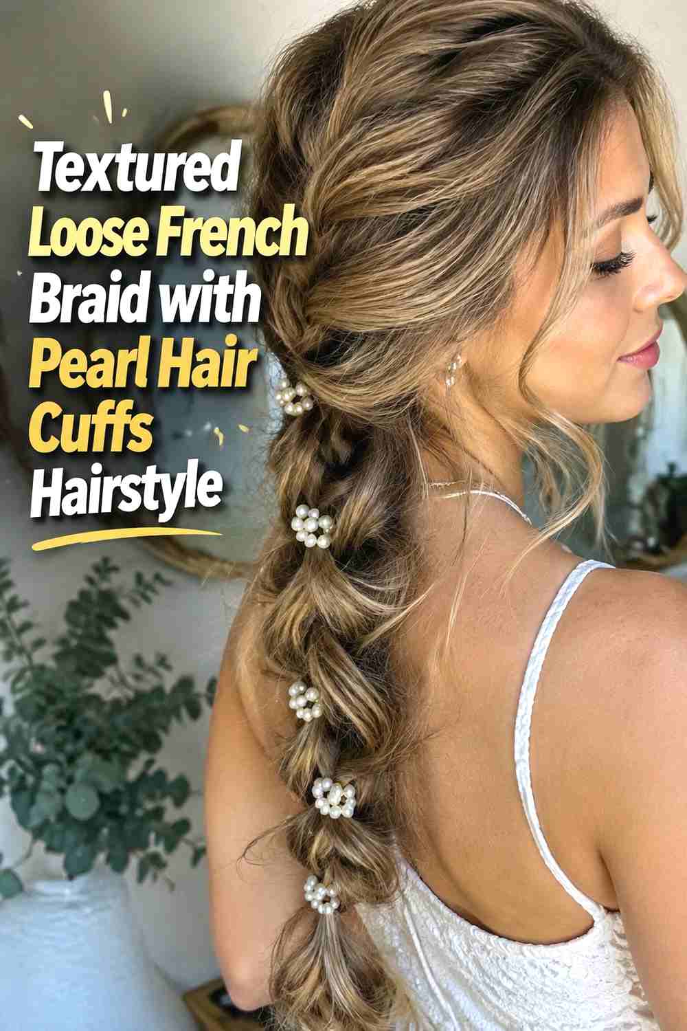 14. Textured Loose French Braid With Pearl Hair Cuffs Hairstyle
