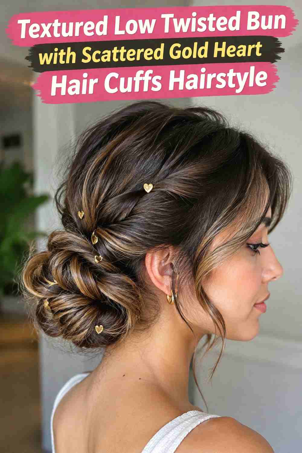 7. Textured Low Twisted Bun With Scattered Gold Heart Hair Cuffs Hairstyle