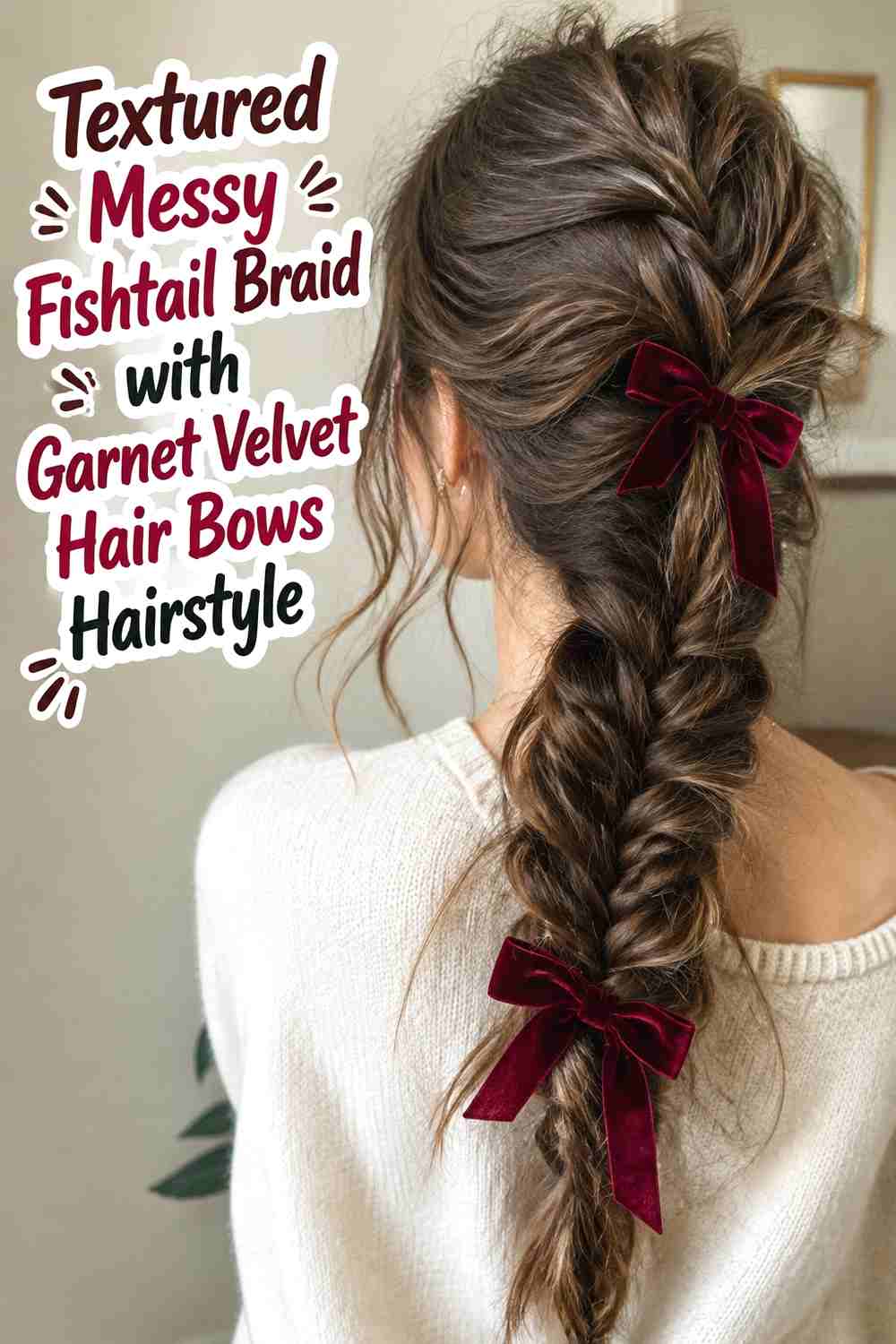 8. Textured Messy Fishtail Braid With Garnet Velvet Hair Bows Hairstyle