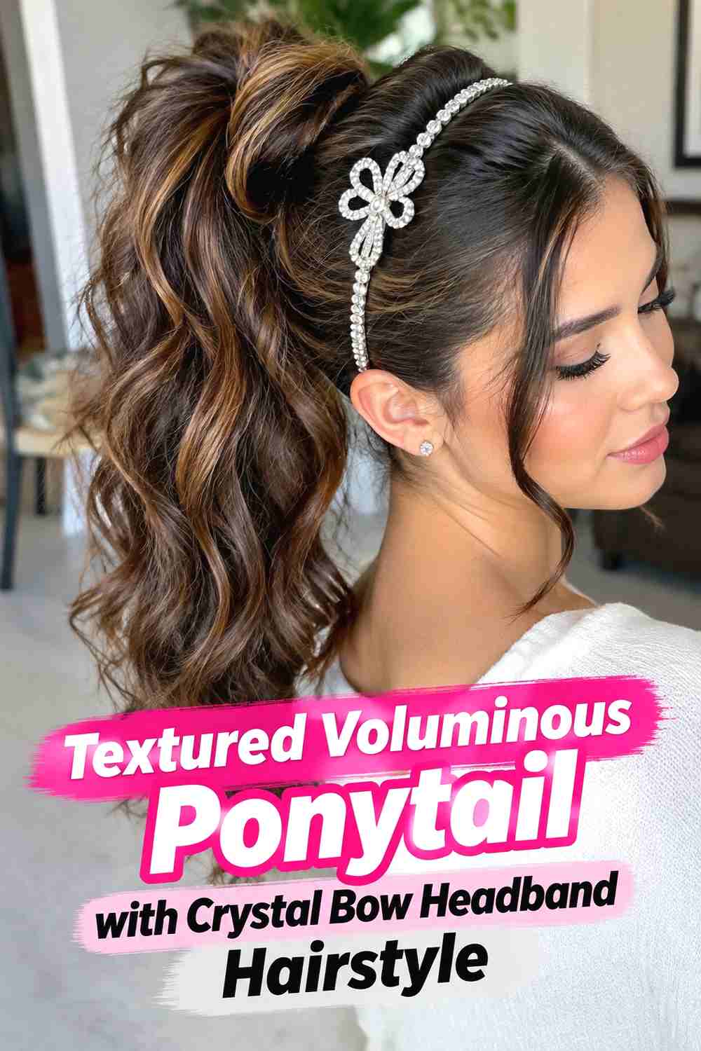 14. Textured Voluminous Ponytail With Crystal Bow Headband Hairstyle