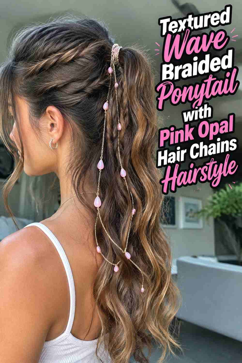8. Textured Wave Braided Ponytail With Pink Opal Hair Chains Hairstyle