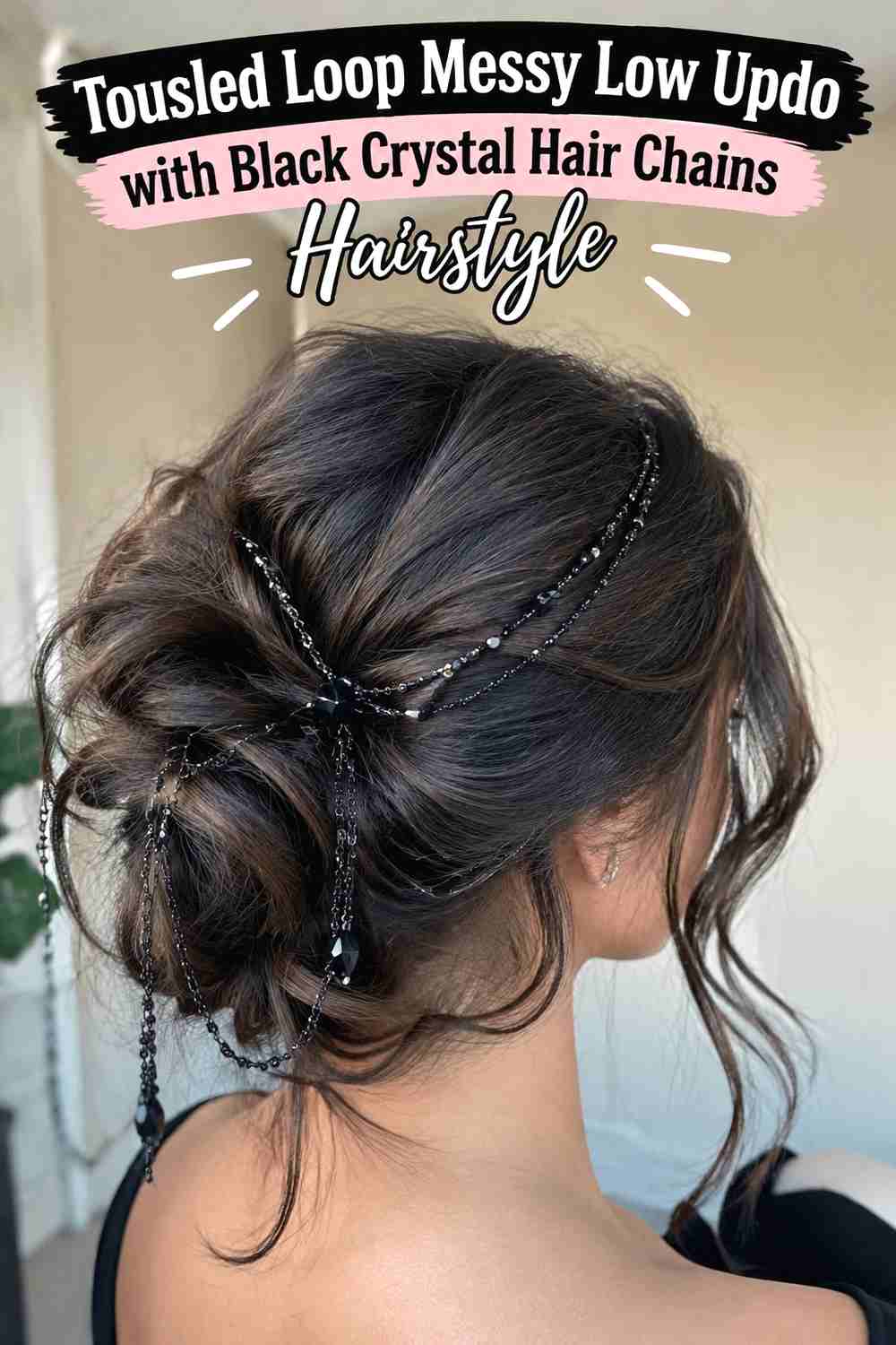 10. Tousled Loop Messy Low Updo With Black Crystal Hair Chains Hairstyle