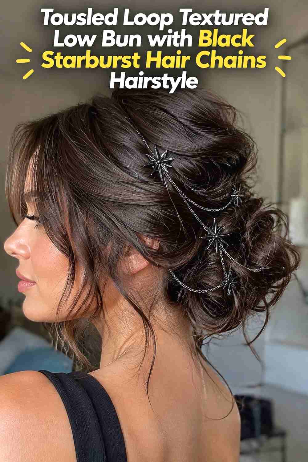 14. Tousled Loop Textured Low Bun With Black Starburst Hair Chains Hairstyle