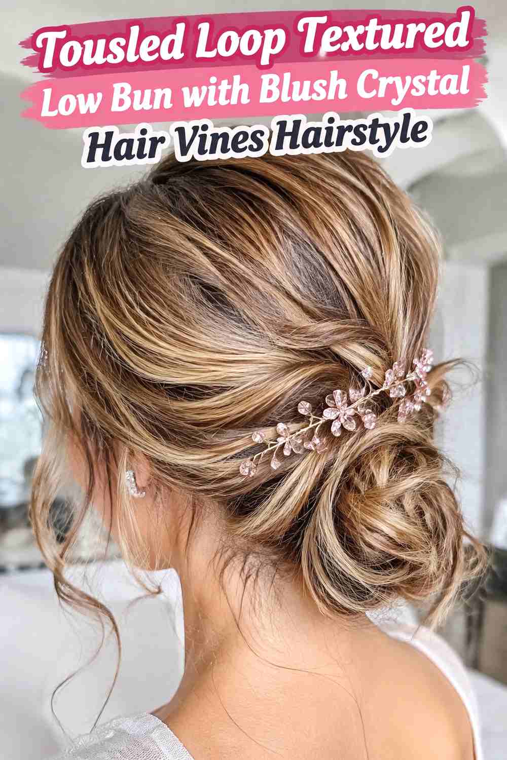 16. Tousled Loop Textured Low Bun With Blush Crystal Hair Vines Hairstyle