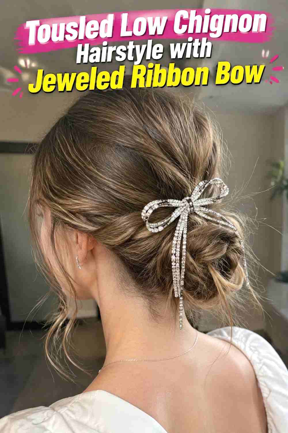 5. Tousled Low Chignon Hairstyle With Jeweled Ribbon Bow
