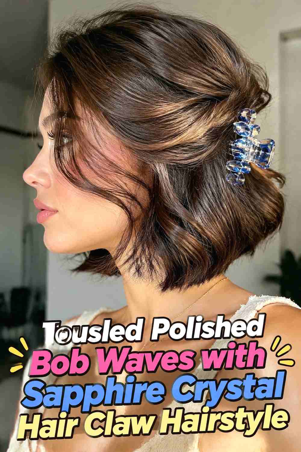 9. Tousled Polished Bob Waves With Sapphire Crystal Hair Claw Hairstyle