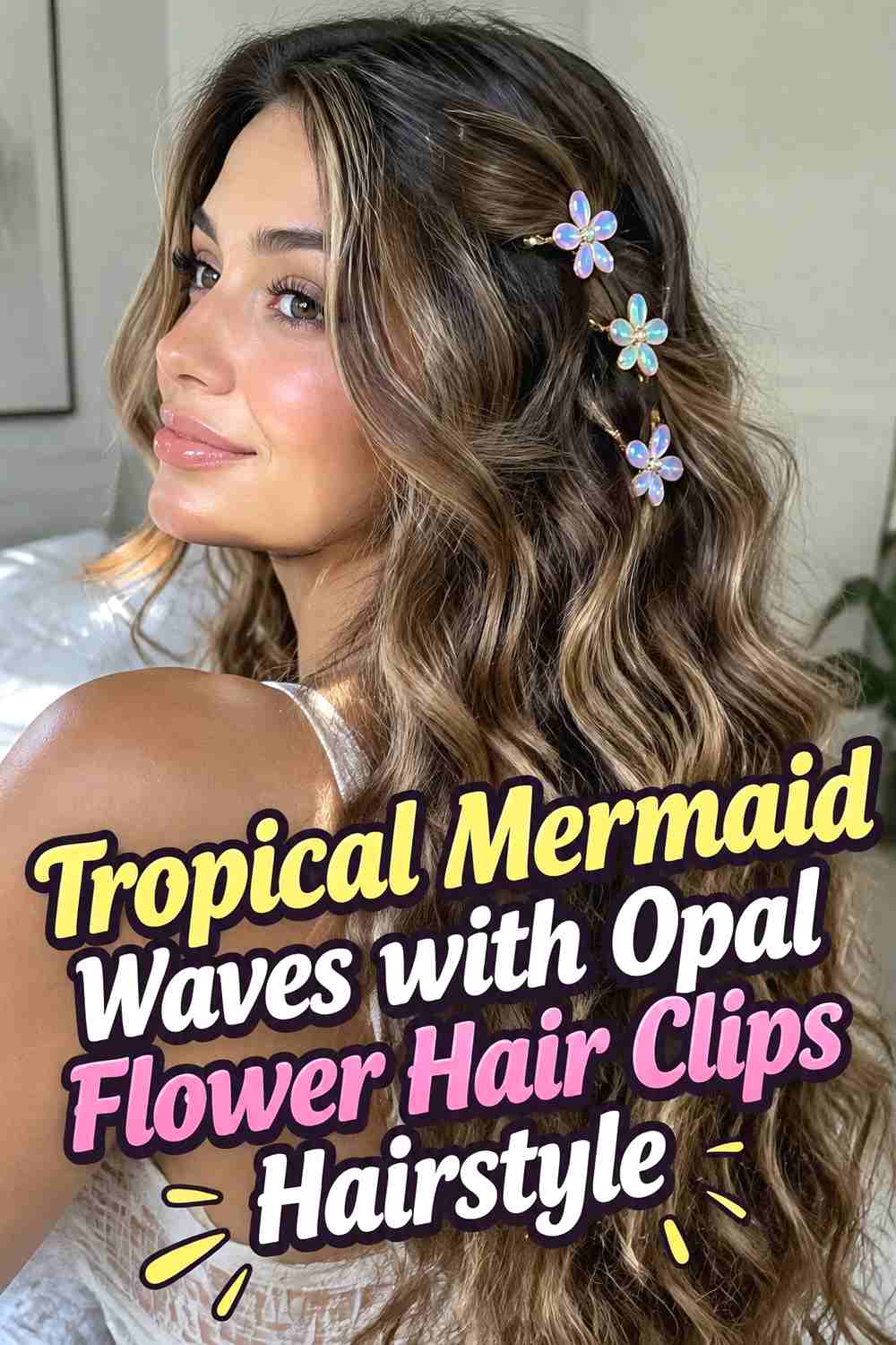 15. Tropical Mermaid Waves With Opal Flower Hair Clips Hairstyle