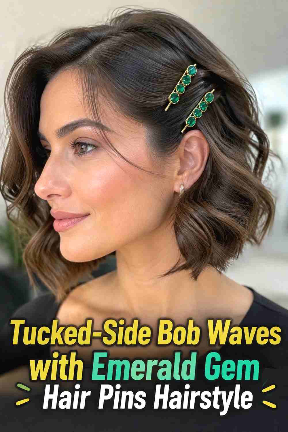 6. Tucked Side Bob Waves With Emerald Gem Hair Pins Hairstyle