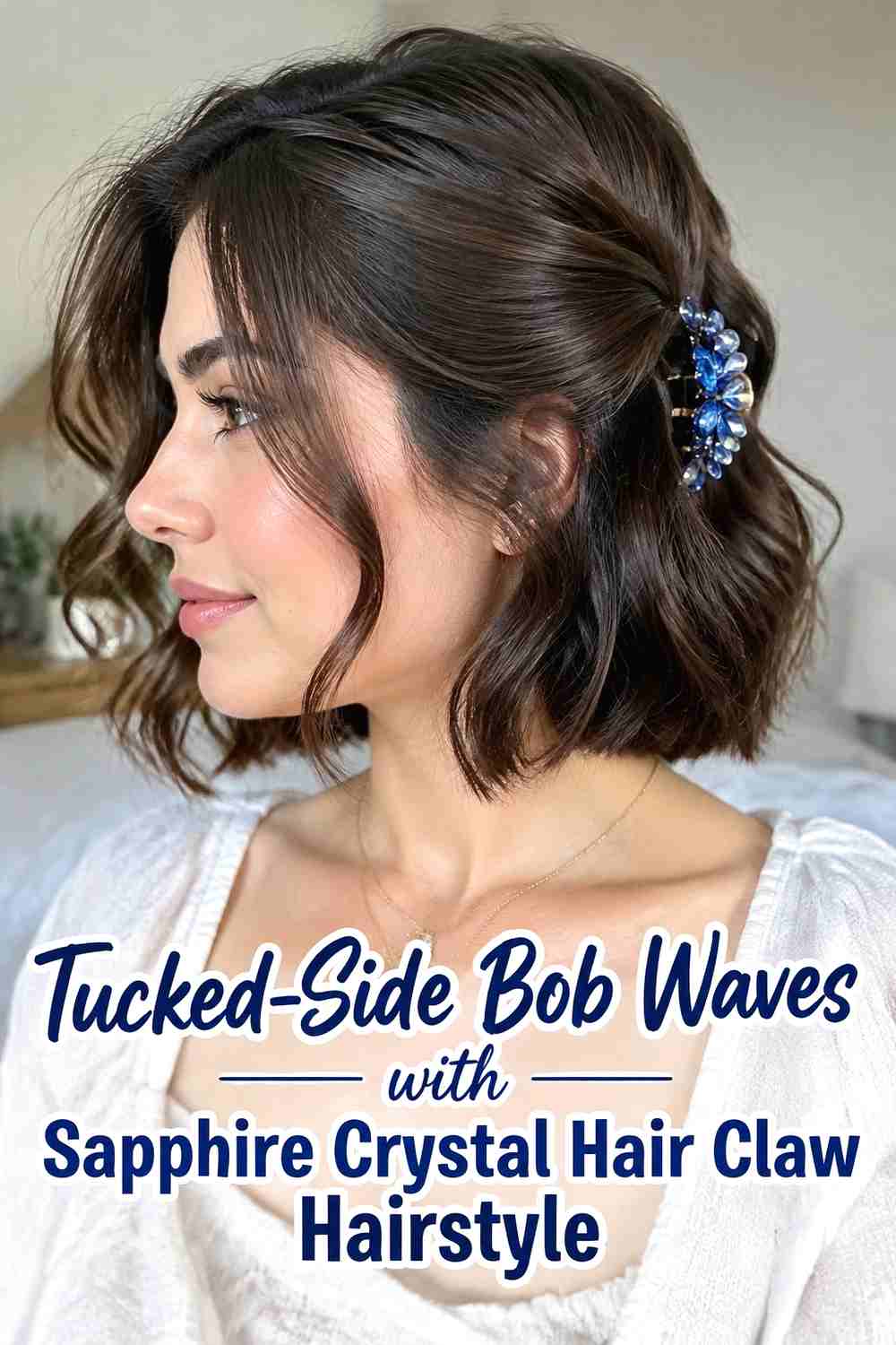 6. Tucked Side Bob Waves With Sapphire Crystal Hair Claw Hairstyle