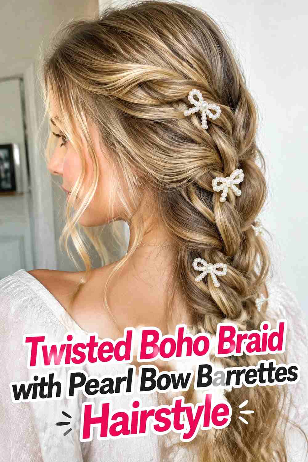 9. Twisted Boho Braid With Pearl Bow Barrettes Hairstyle