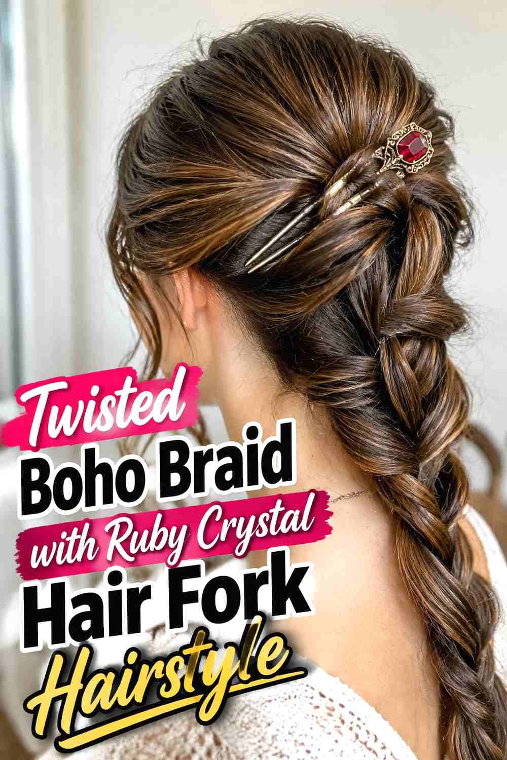 7. Twisted Boho Braid With Ruby Crystal Hair Fork Hairstyle