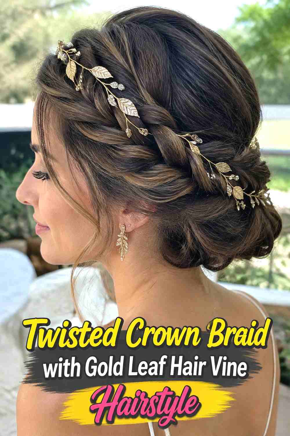 13. Twisted Crown Braid With Gold Leaf Hair Vine Hairstyle