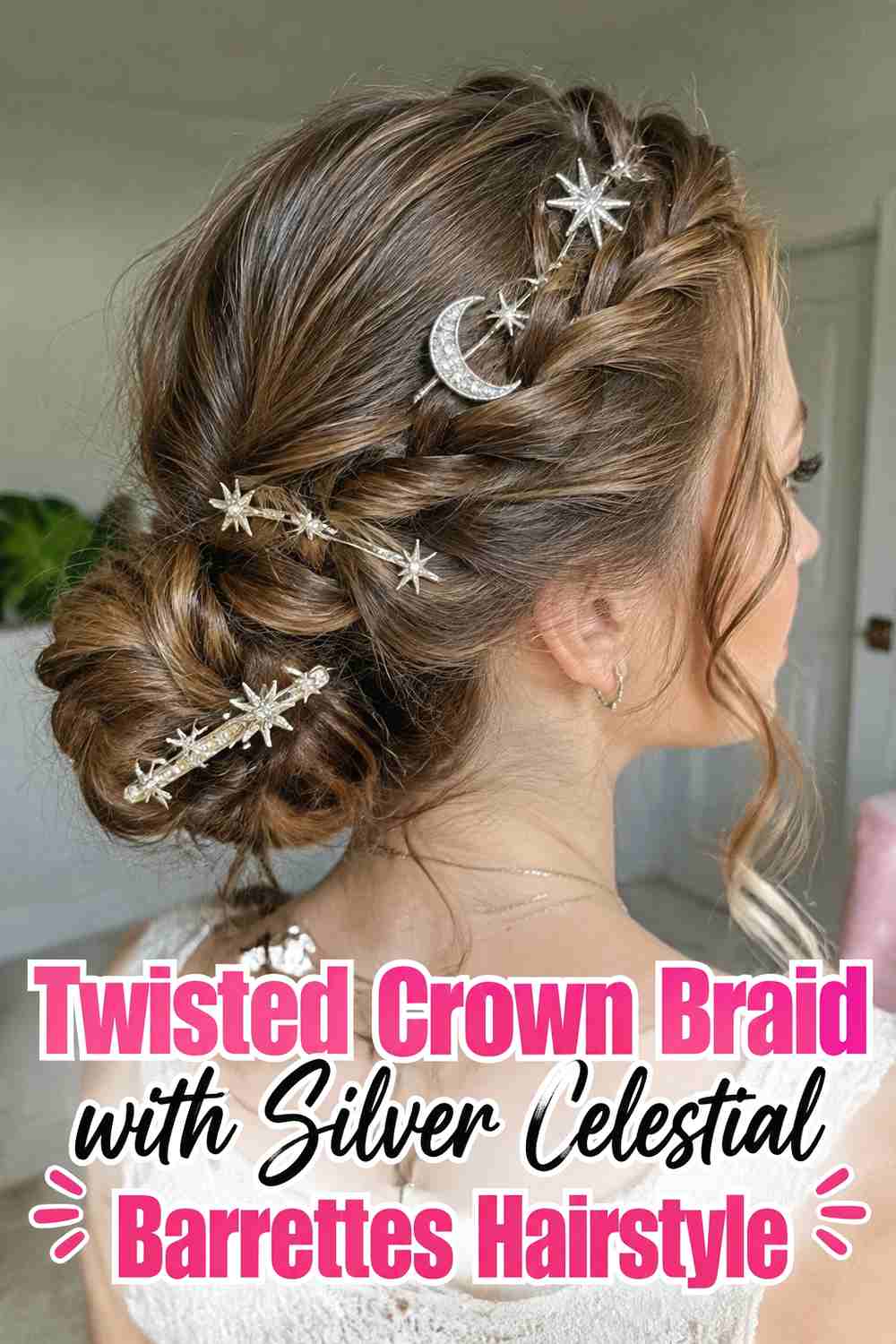 5. Twisted Crown Braid With Silver Celestial Barrettes Hairstyle