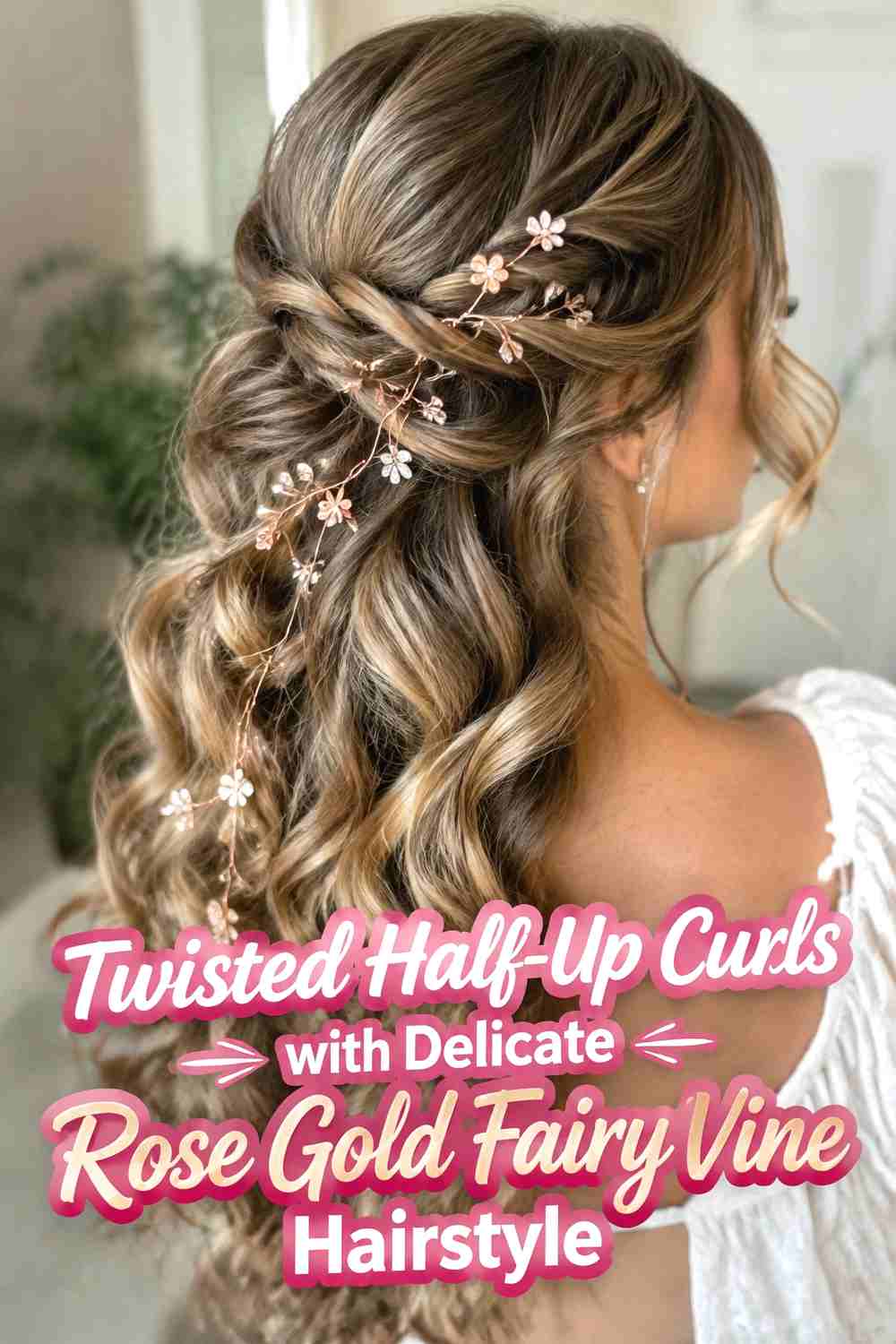 2. Twisted Half Up Curls With Delicate Rose Gold Fairy Vine Hairstyle