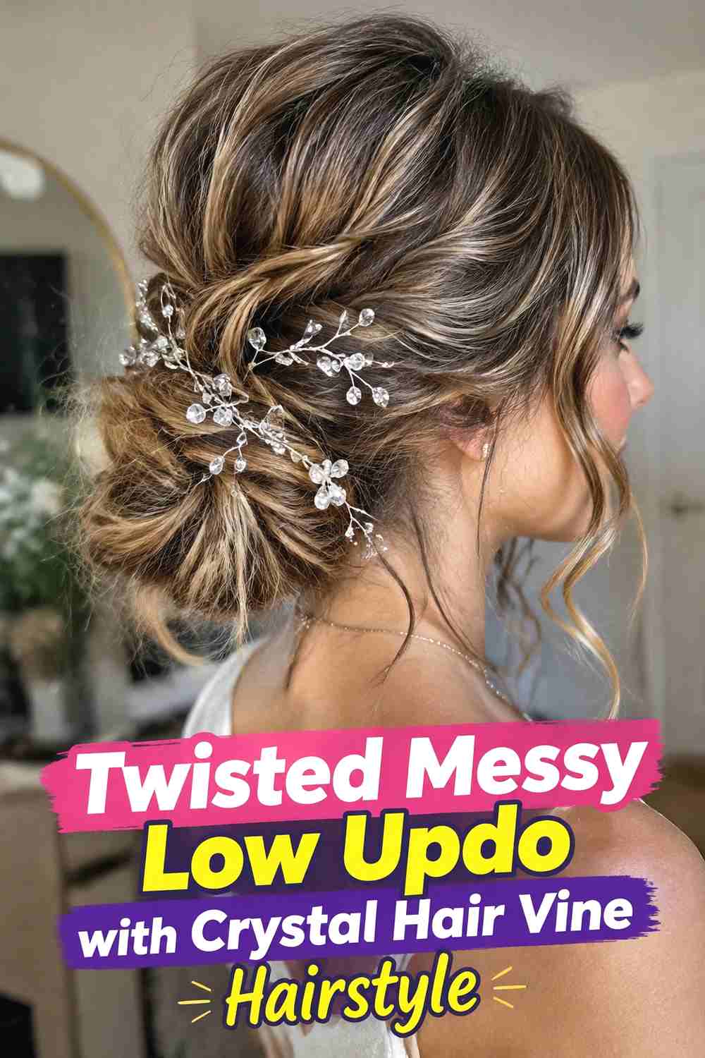 2. Twisted Messy Low Updo With Crystal Hair Vine Hairstyle