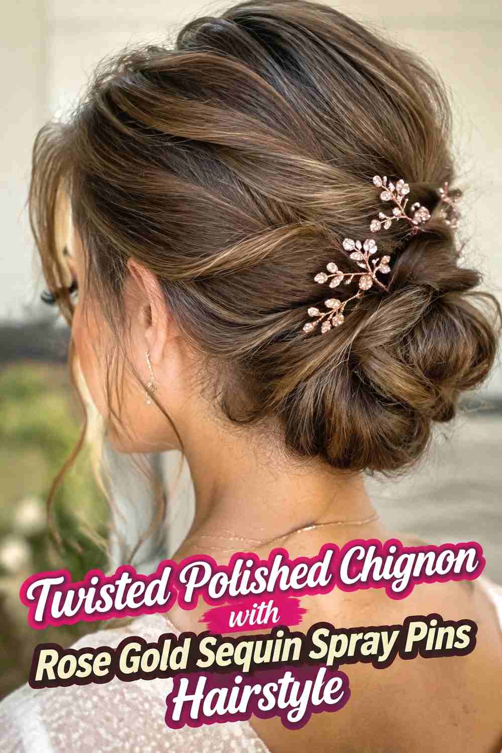 4. Twisted Polished Chignon With Rose Gold Sequin Spray Pins Hairstyle
