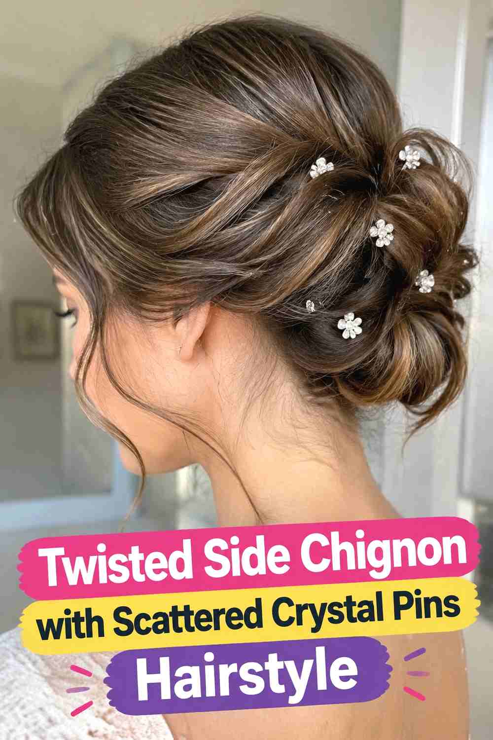 2. Twisted Side Chignon With Scattered Crystal Pins Hairstyle