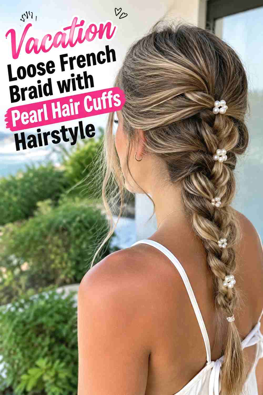 16. Vacation Loose French Braid With Pearl Hair Cuffs Hairstyle