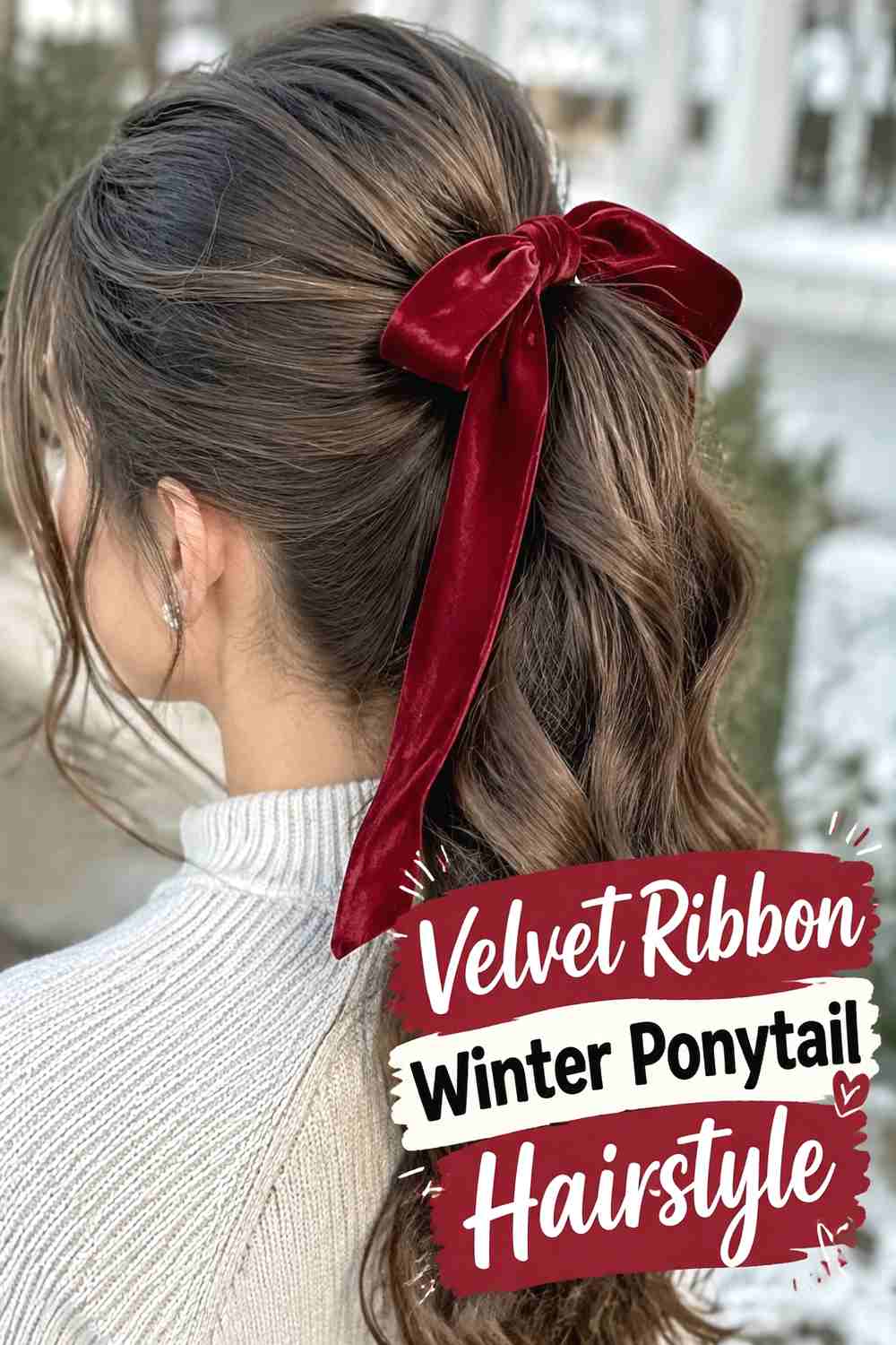 6. Velvet Ribbon Winter Ponytail Hairstyle