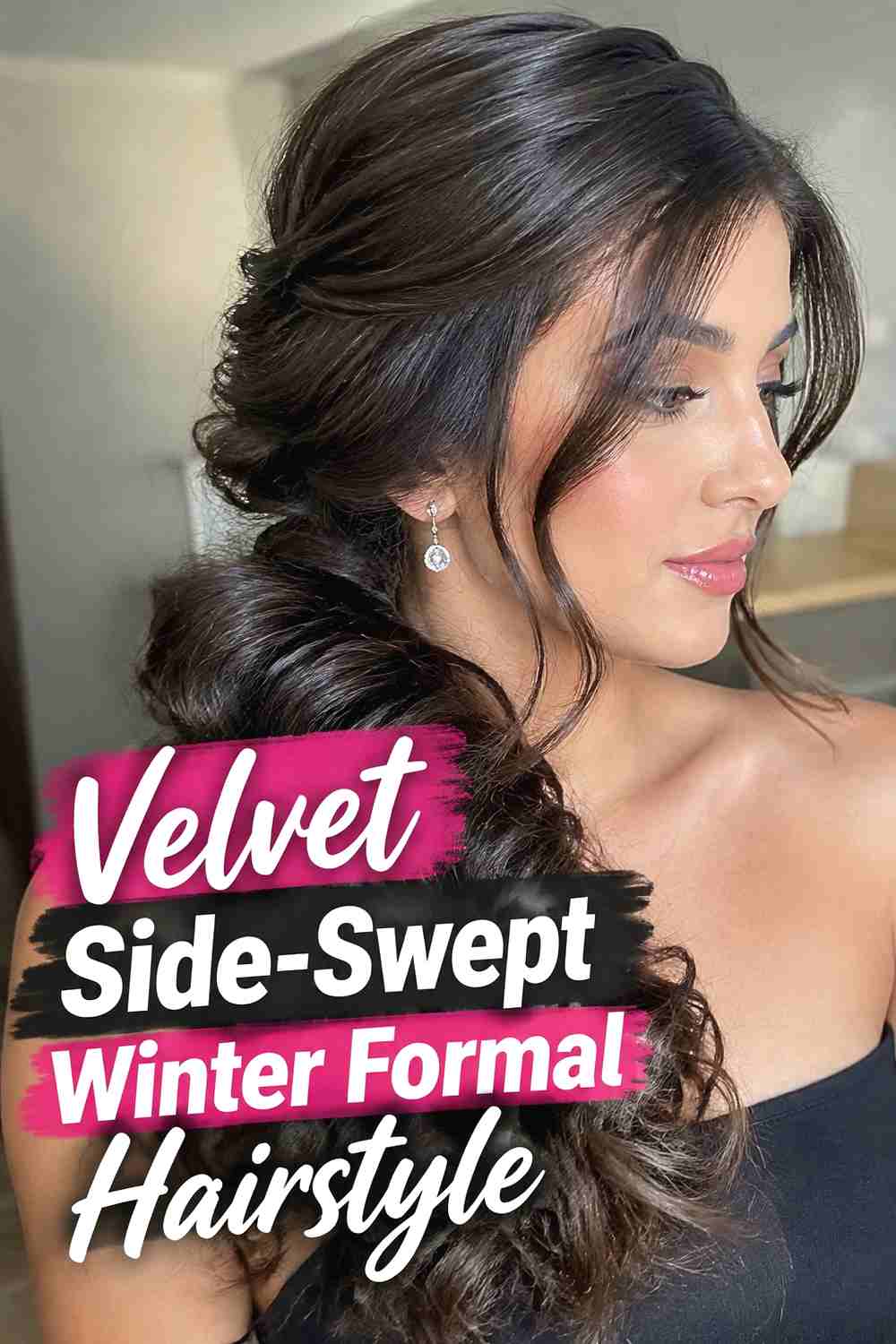 2. Velvet Side Swept Winter Formal Hairstyle