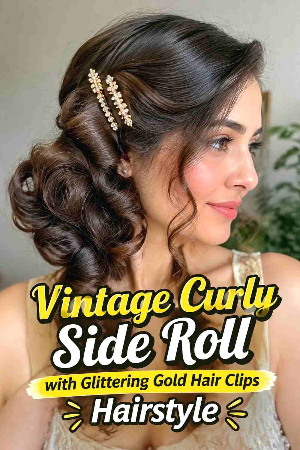 8. Vintage Curly Side Roll With Glittering Gold Hair Clips Hairstyle