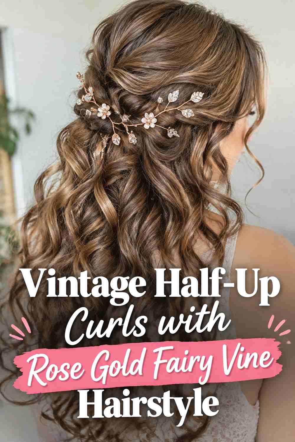 7. Vintage Half Up Curls With Rose Gold Fairy Vine Hairstyle