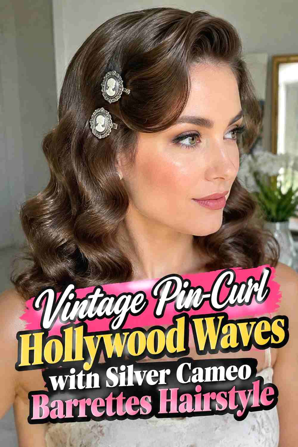 10. Vintage Pin Curl Hollywood Waves With Silver Cameo Barrettes Hairstyle