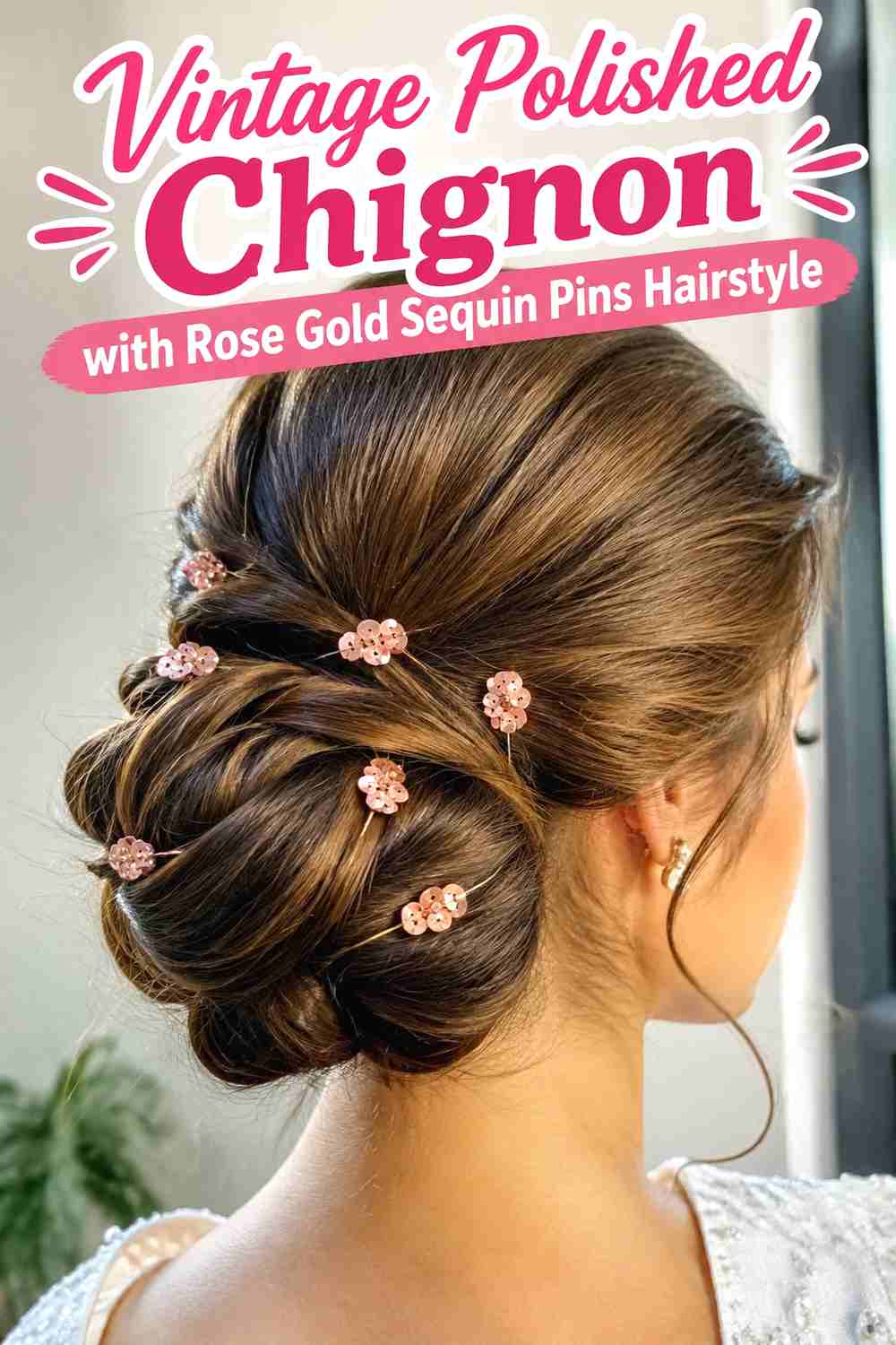 12. Vintage Polished Chignon With Rose Gold Sequin Pins Hairstyle