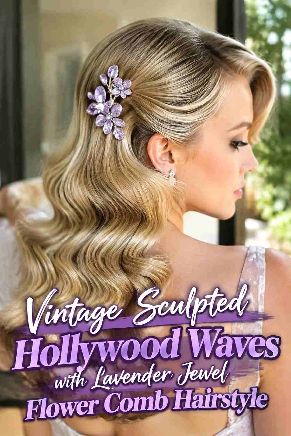 4. Vintage Sculpted Hollywood Waves With Lavender Jewel Flower Comb Hairstyle