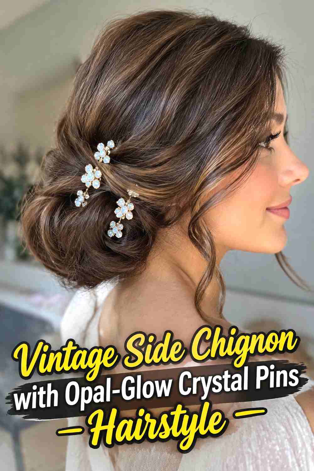 8. Vintage Side Chignon With Opal Glow Crystal Pins Hairstyle