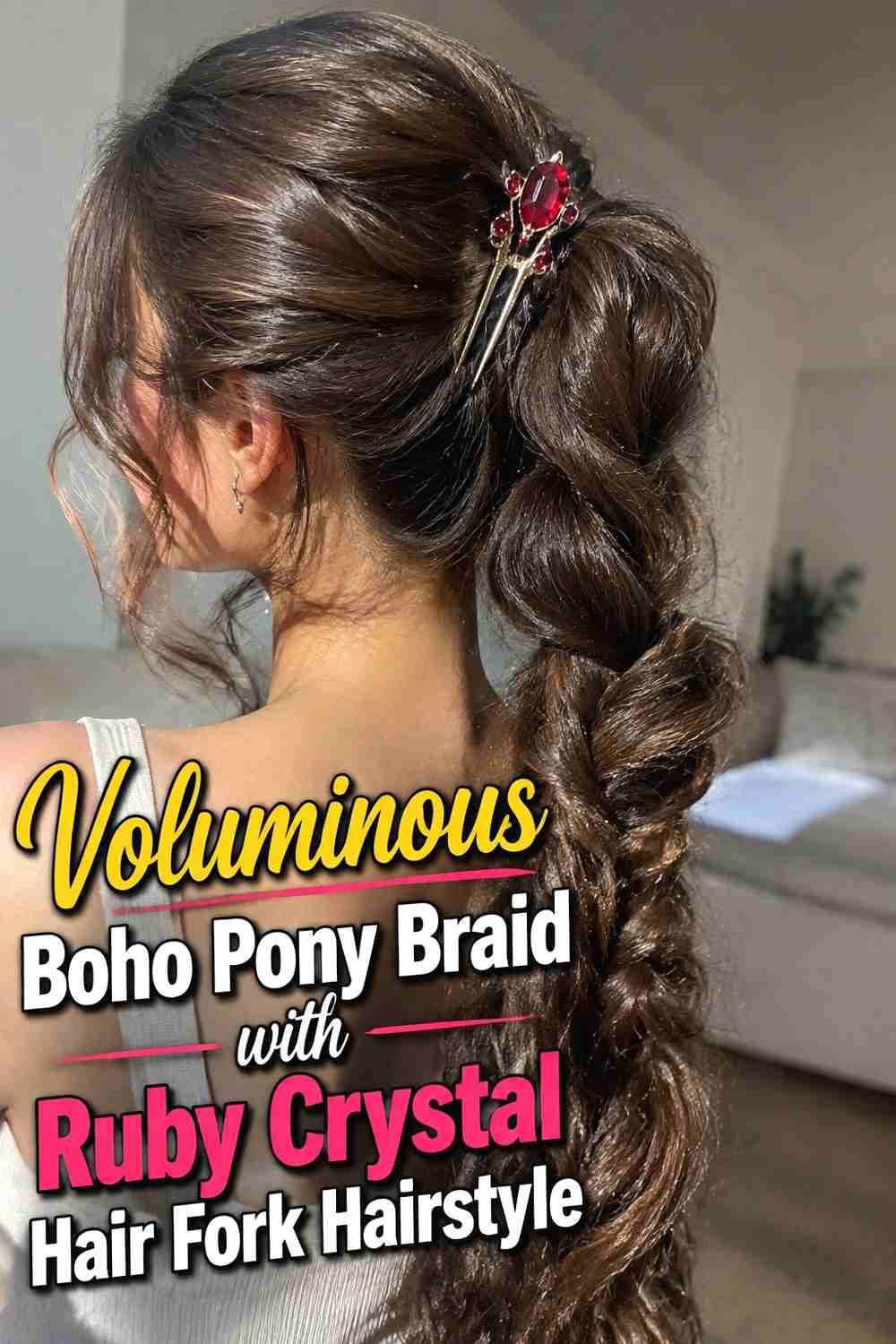 12. Voluminous Boho Pony Braid With Ruby Crystal Hair Fork Hairstyle
