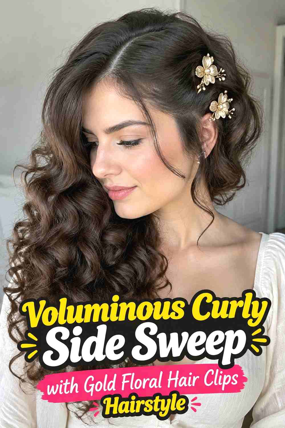 6. Voluminous Curly Side Sweep With Gold Floral Hair Clips Hairstyle