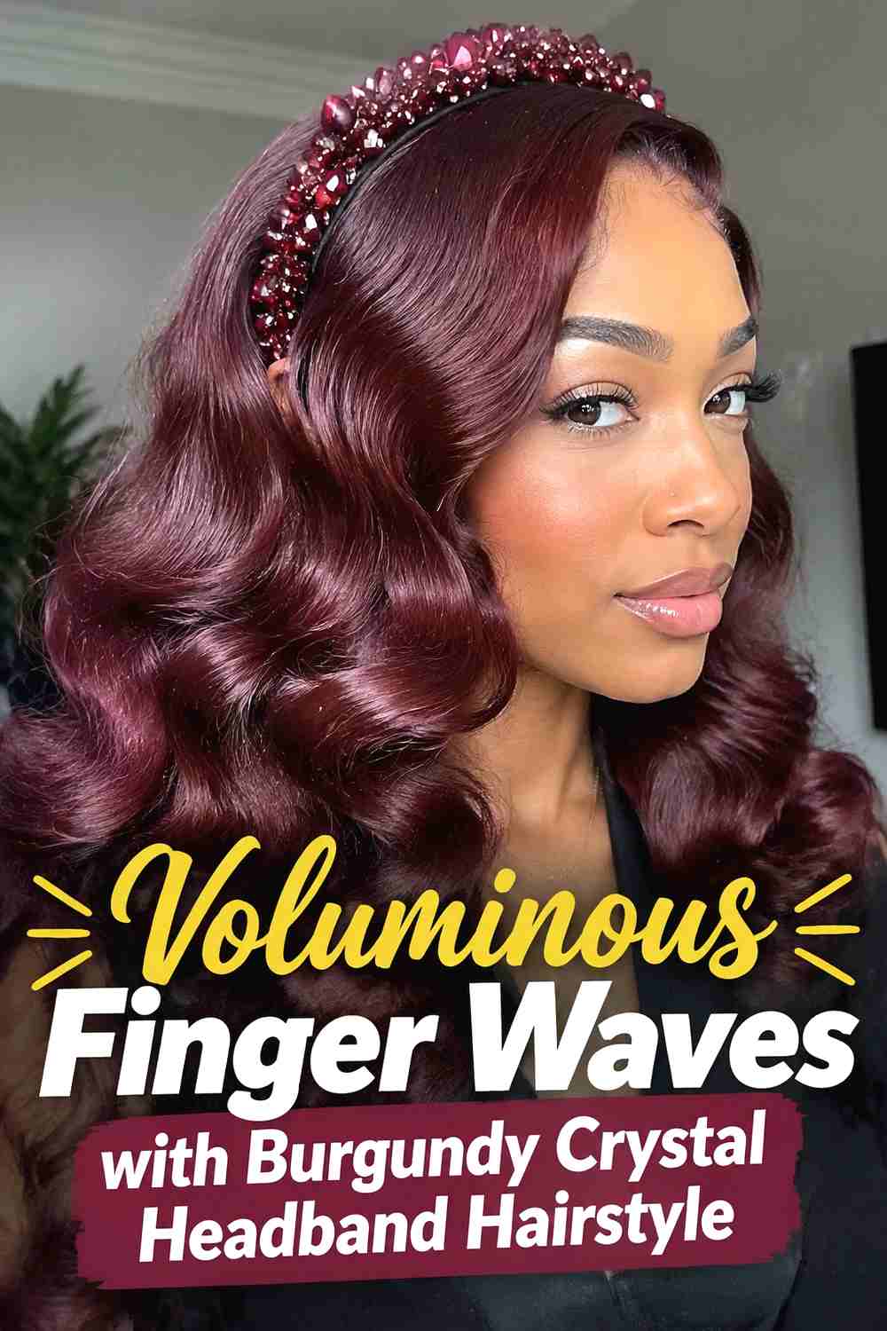 13. Voluminous Finger Waves With Burgundy Crystal Headband Hairstyle