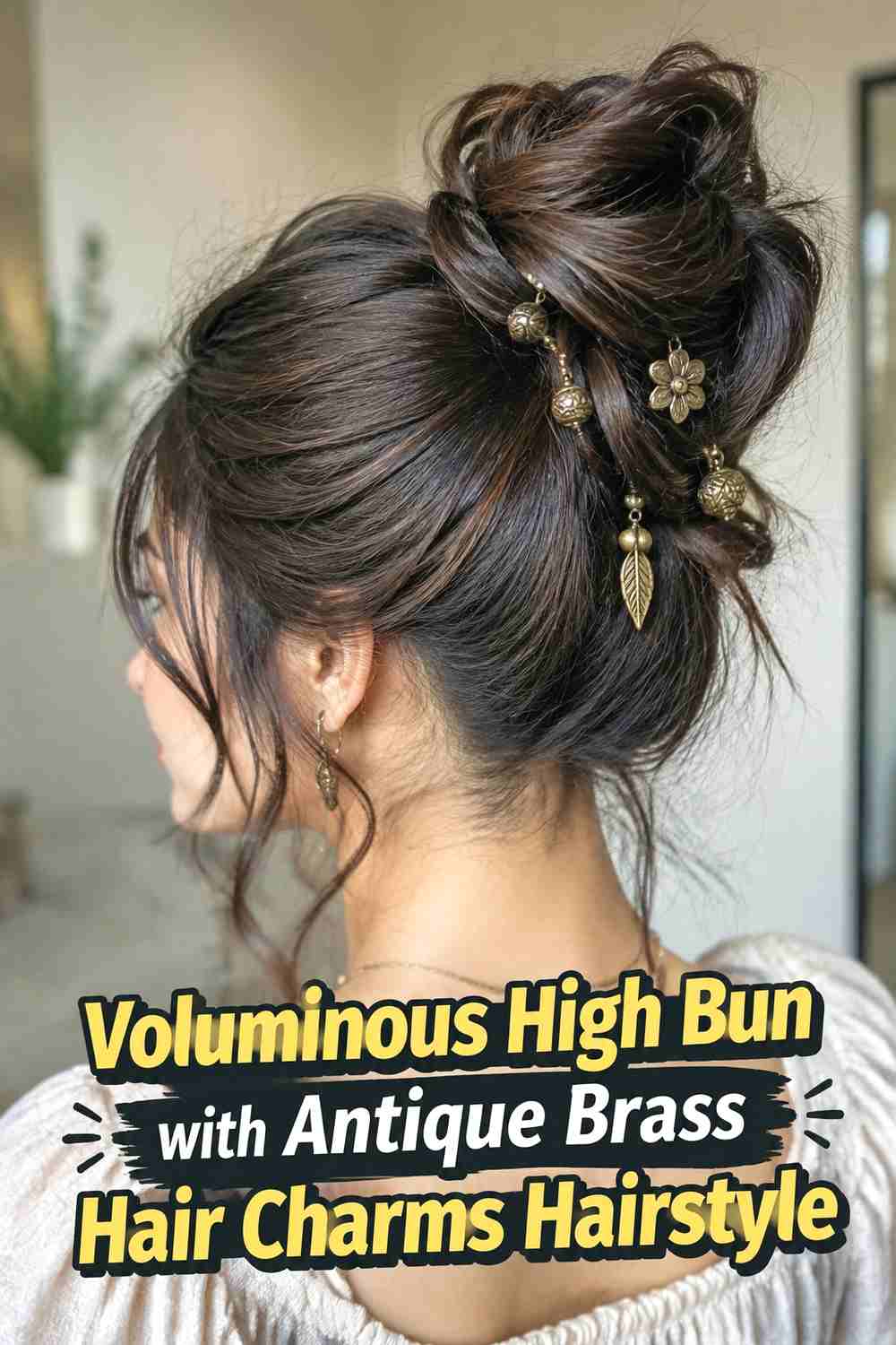 8. Voluminous High Bun With Antique Brass Hair Charms Hairstyle