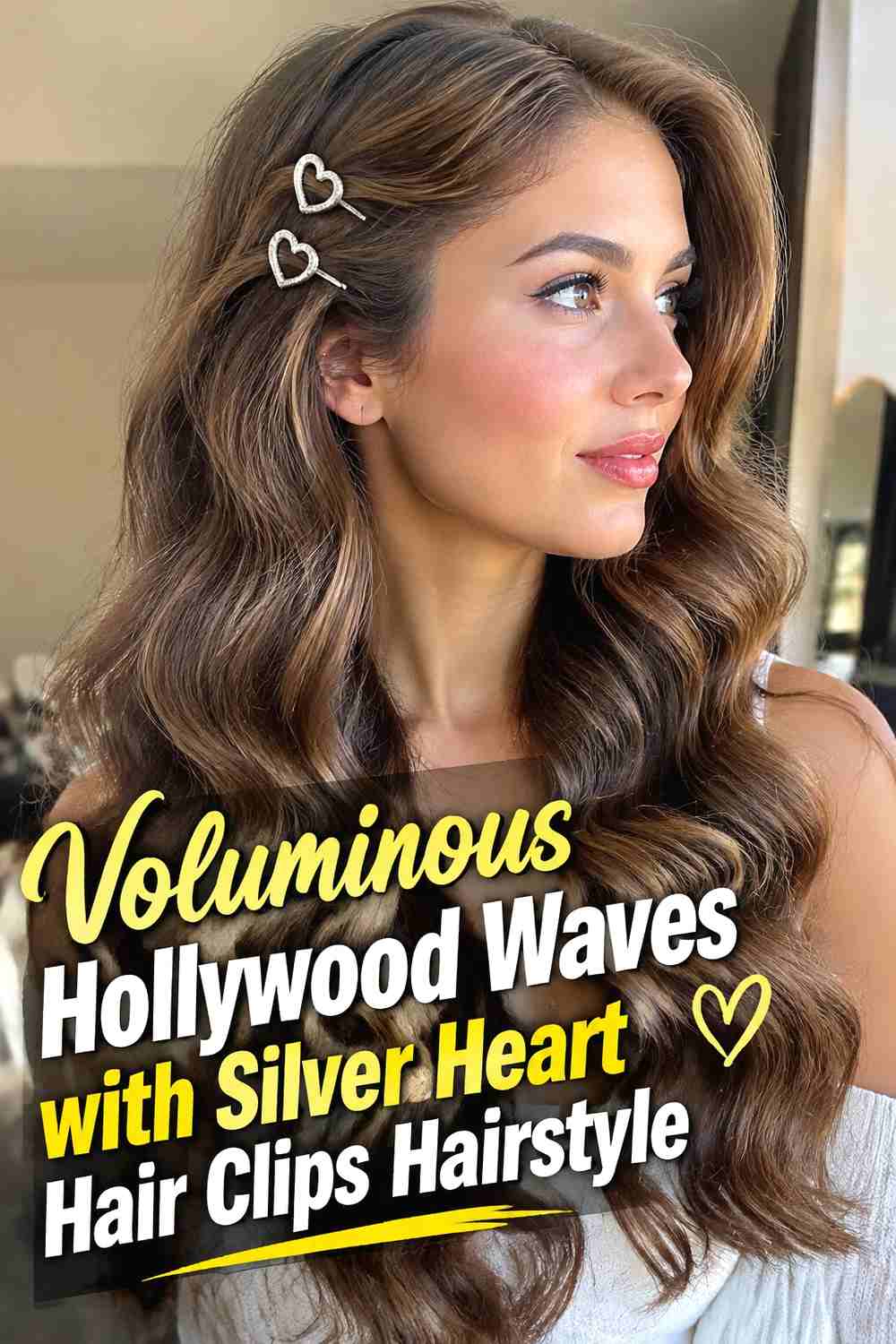6. Voluminous Hollywood Waves With Silver Heart Hair Clips Hairstyle