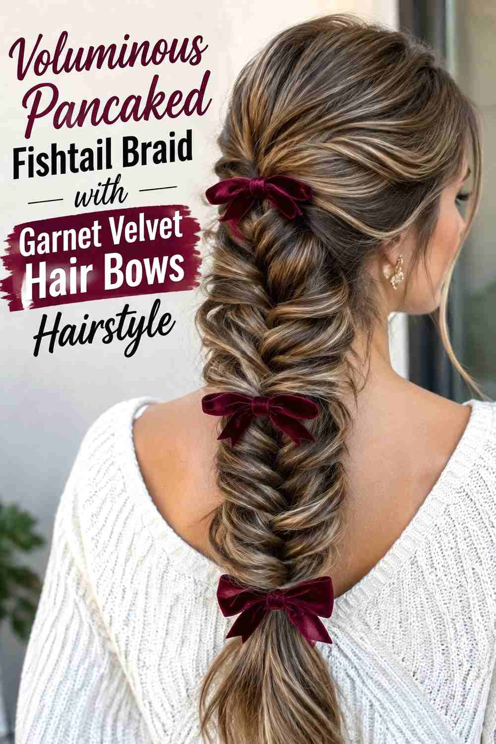 5. Voluminous Pancaked Fishtail Braid With Garnet Velvet Hair Bows Hairstyle