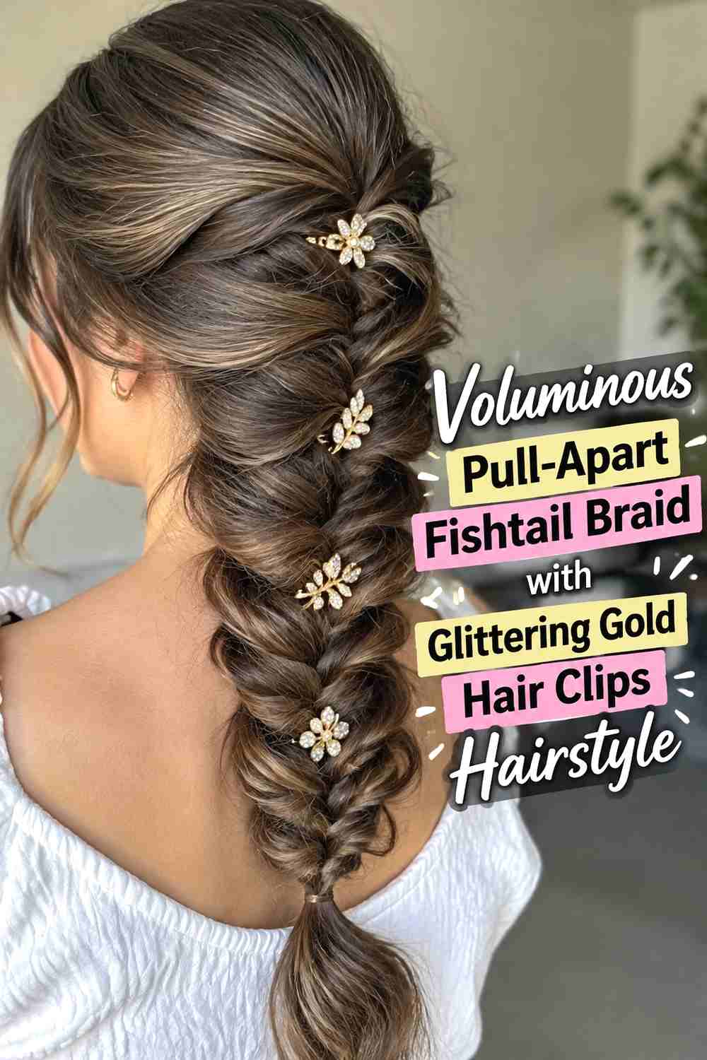 5. Voluminous Pull Apart Fishtail Braid With Glittering Gold Hair Clips Hairstyle