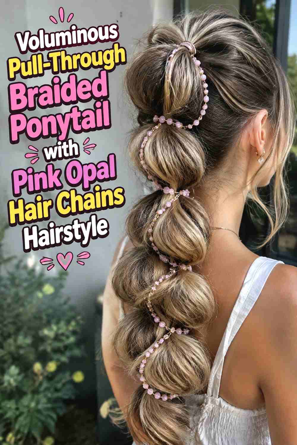 9. Voluminous Pull Through Braided Ponytail With Pink Opal Hair Chains Hairstyle