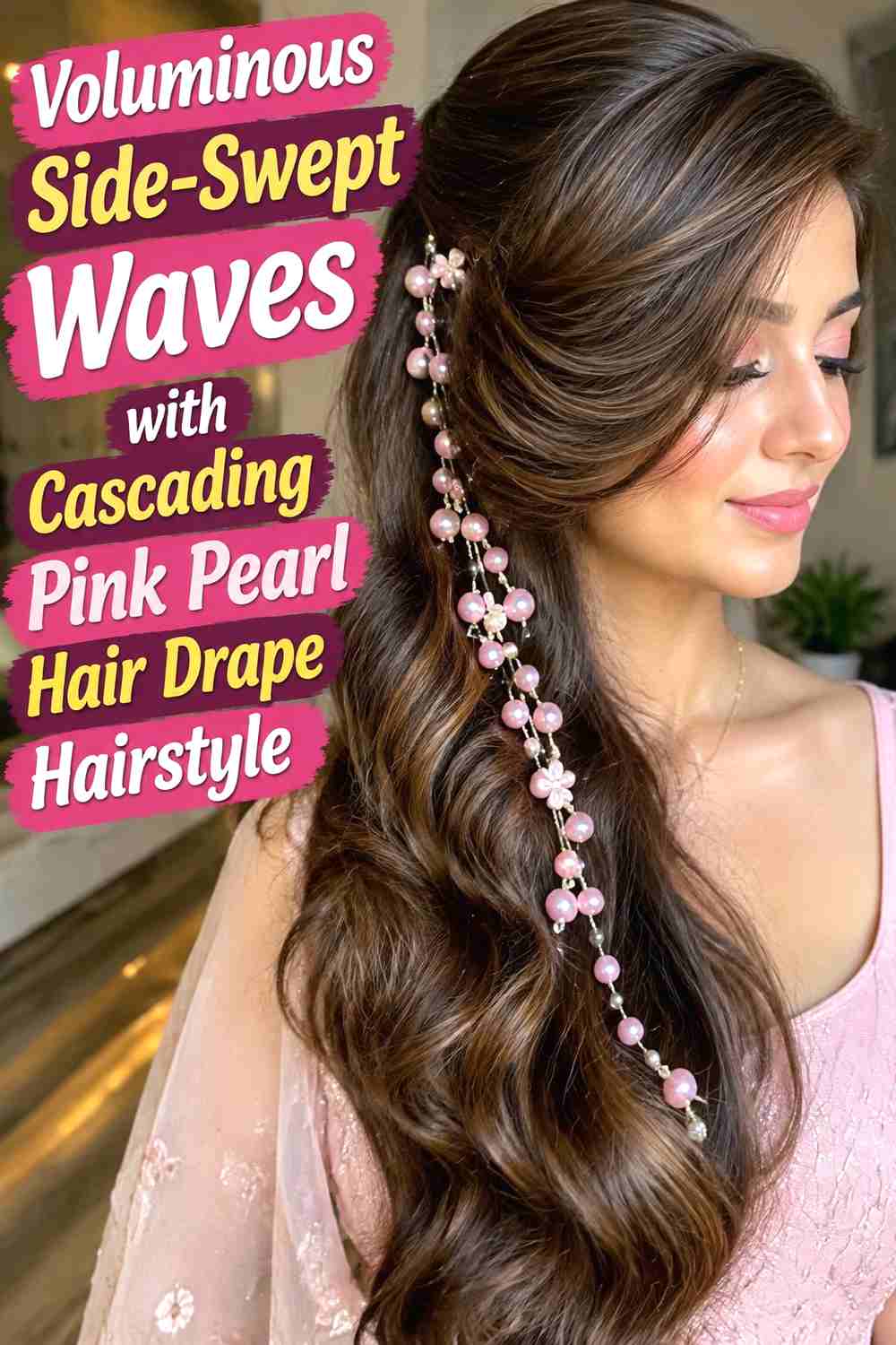 7. Voluminous Side Swept Waves With Cascading Pink Pearl Hair Drape Hairstyle