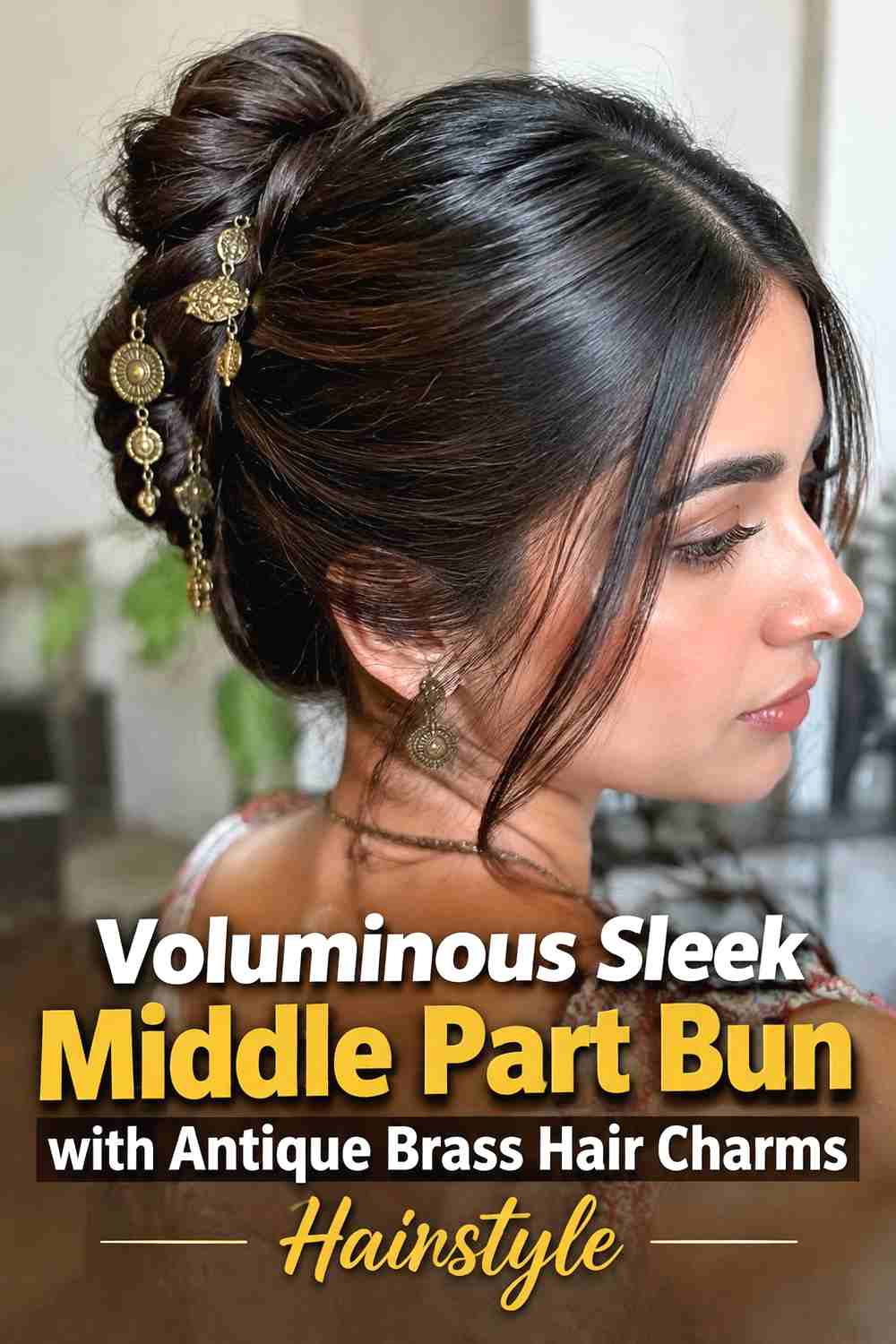 12. Voluminous Sleek Middle Part Bun With Antique Brass Hair Charms Hairstyle