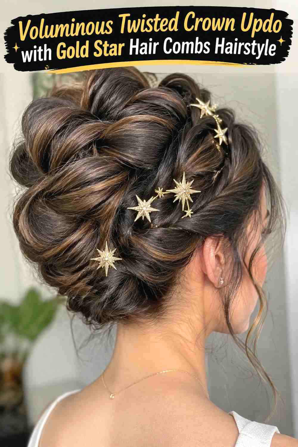 8. Voluminous Twisted Crown Updo With Gold Star Hair Combs Hairstyle