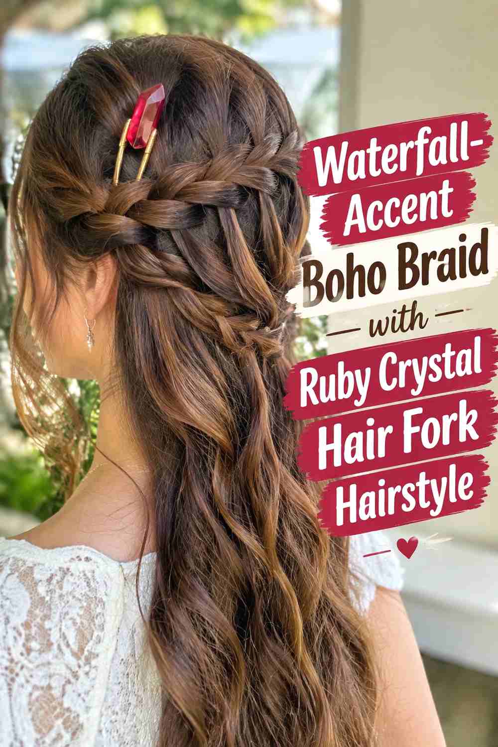 15. Waterfall Accent Boho Braid With Ruby Crystal Hair Fork Hairstyle