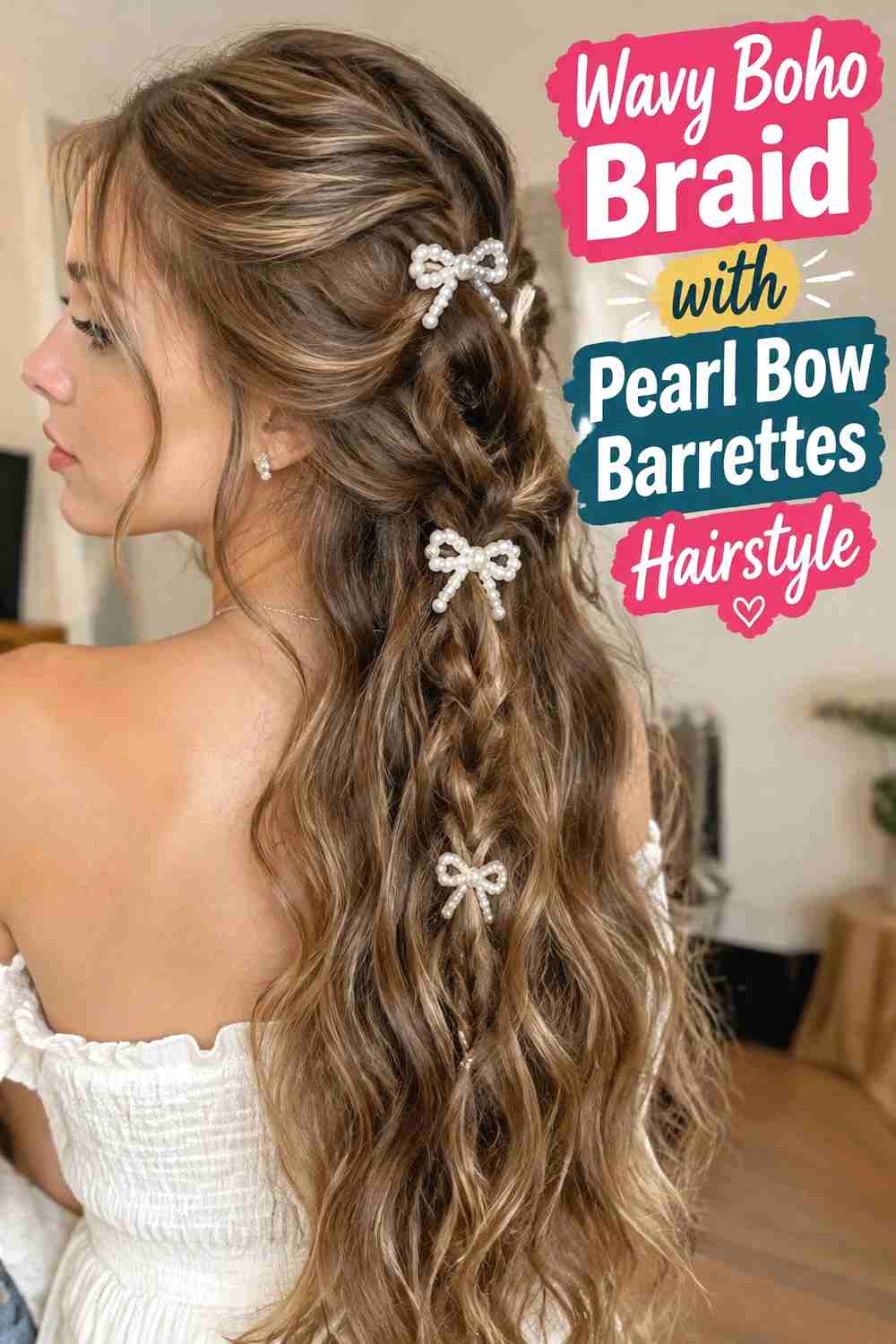 8. Wavy Boho Braid With Pearl Bow Barrettes Hairstyle
