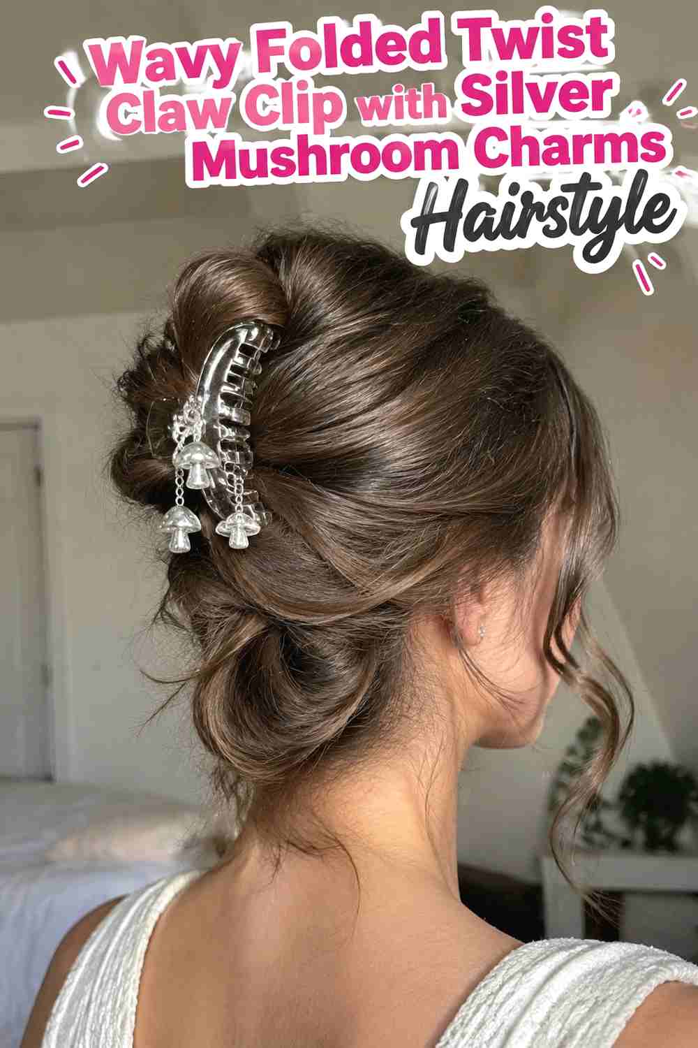 14. Wavy Folded Twist Claw Clip With Silver Mushroom Charms Hairstyle