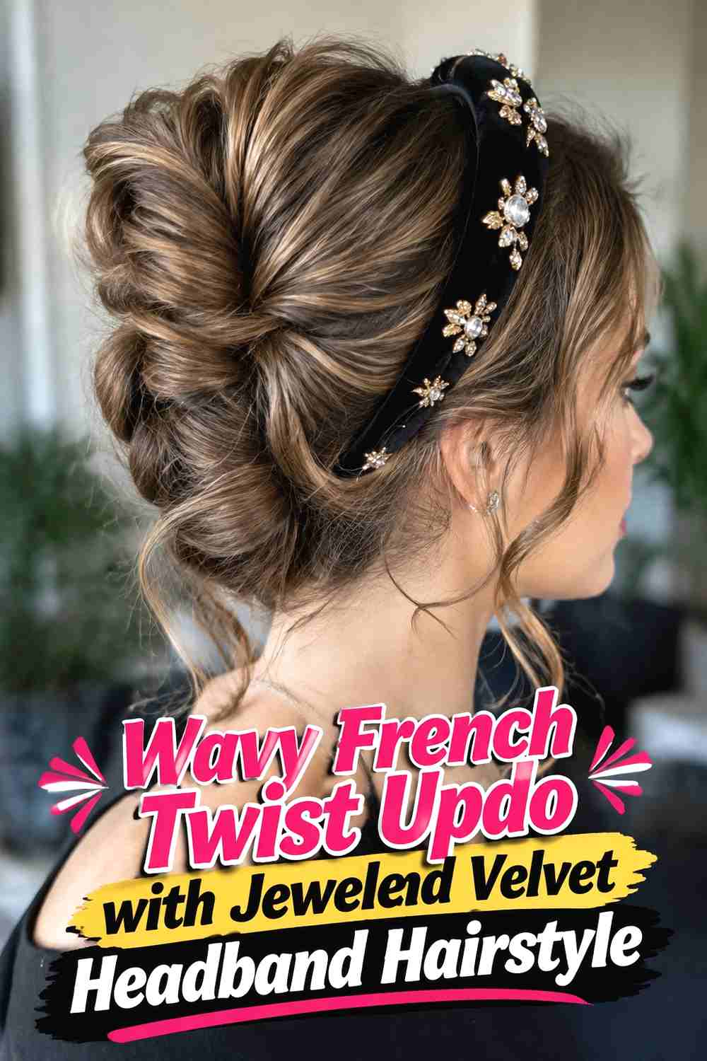 14. Wavy French Twist Updo With Jeweled Velvet Headband Hairstyle