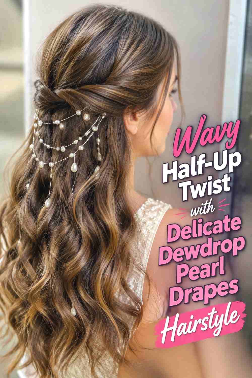 3. Wavy Half Up Twist With Delicate Dewdrop Pearl Drapes Hairstyle