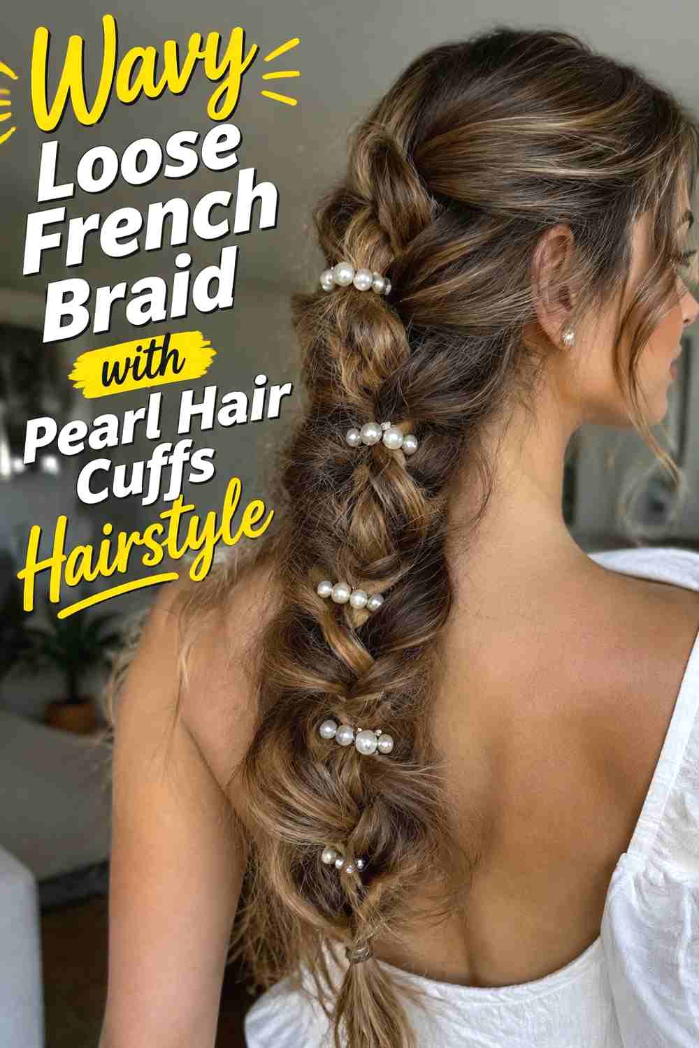 9. Wavy Loose French Braid With Pearl Hair Cuffs Hairstyle