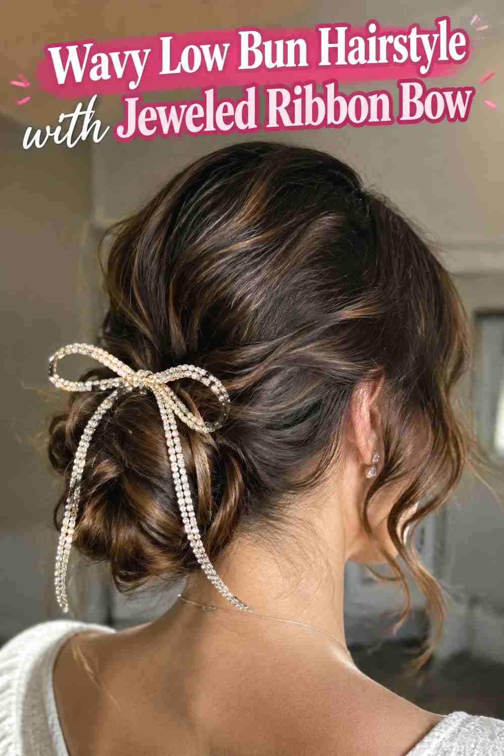6. Wavy Low Bun Hairstyle With Jeweled Ribbon Bow